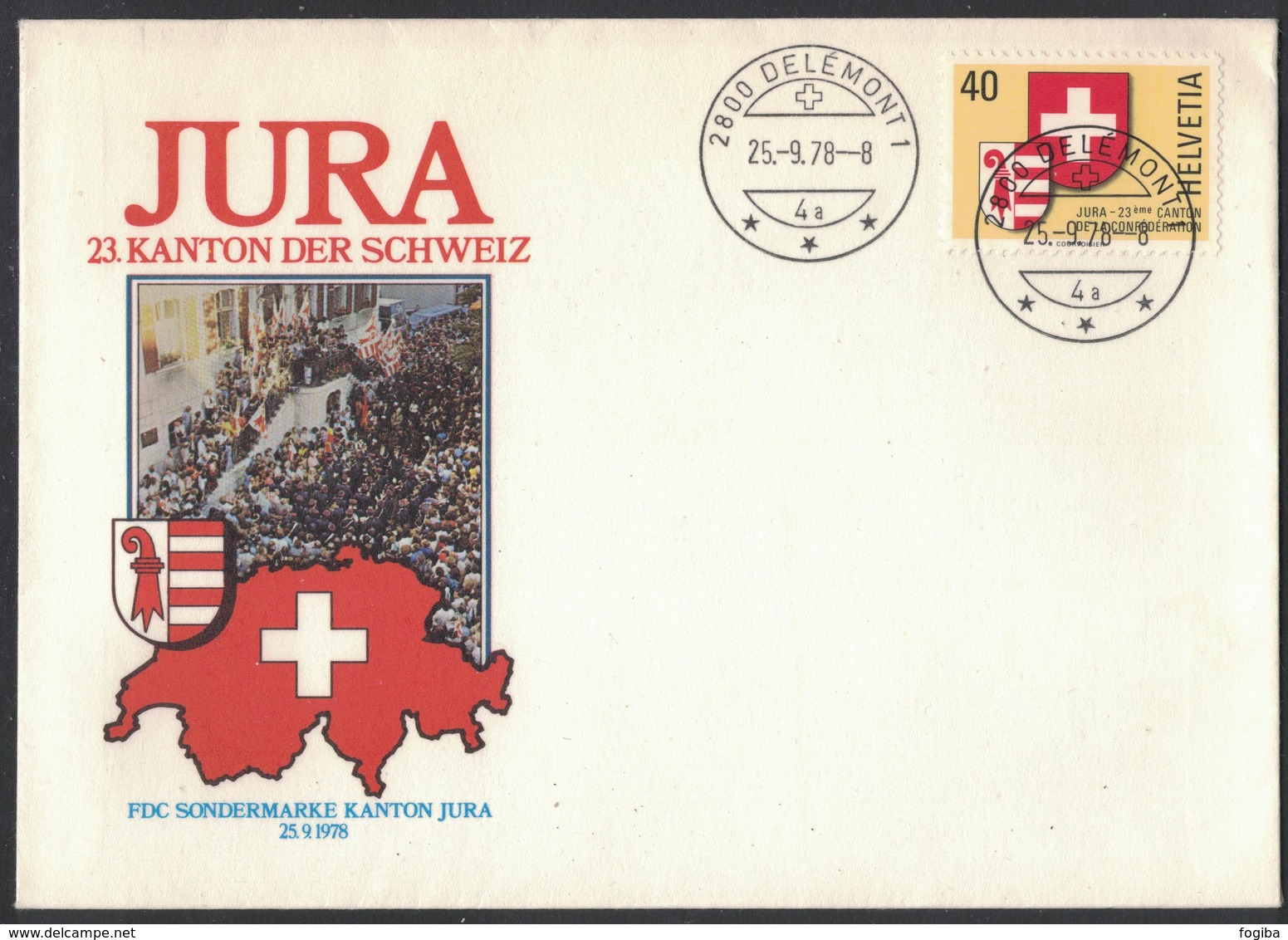 AN41    SVIZZERA FDC - 1978 - JURA - 23° Cantone Della Svizzera - Annullo DELEMONT 1 - Mi.1141 - FDC