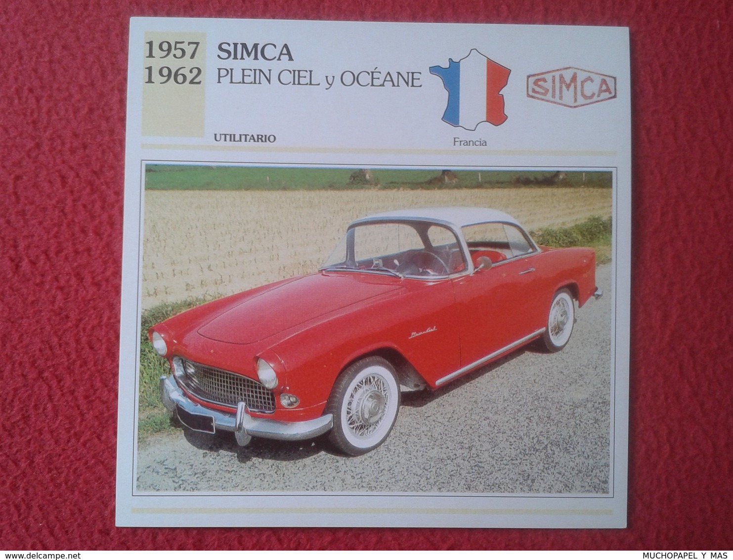 FICHA TÉCNICA DATA TECNICAL SHEET FICHE TECHNIQUE AUTO COCHE CAR VOITURE 1957 1962 SIMCA PLEIN CIEL Y OCÉANE FRANCE CARS - Voitures