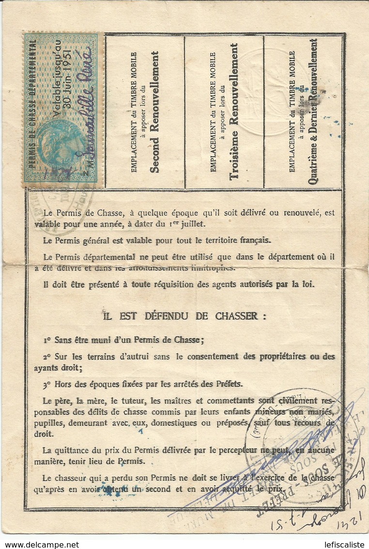 Permis De Chasse De 1950 + 1 Timbre - Autres & Non Classés