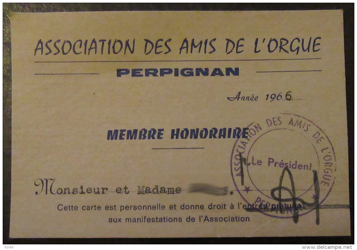 France - Carte De Membre Honoraire De L'Association Des Amis De L'Orgue - Perpignan - 1966 - Cartes De Visite