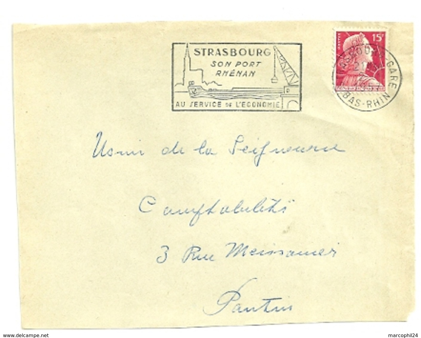 RHIN / Bas - Dépt N° 67 = STRASBOURG GARE 1957 =  FLAMME SUPERBE = SECAP Illustrée ' PORT RHENAN Au Service économie' - Mechanical Postmarks (Advertisement)