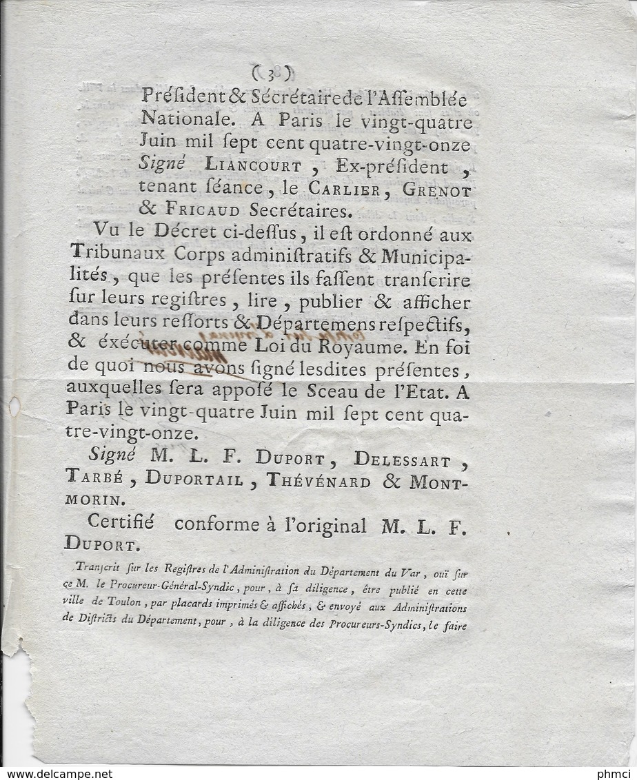 Décret De L'Assemblée Nationale Du 24 Juin 1791 Pour Une Suspension D'élection Avec Emblème Du Var - Décrets & Lois