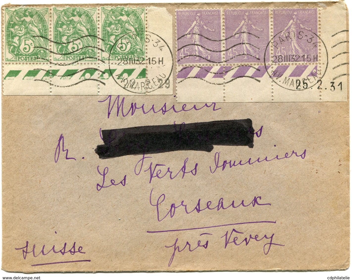 FRANCE LETTRE AVEC AFFRANCHISSEMENT TYPES BLANC ET SEMEUSE LIGNEE DEPART PARIS 28 III 32 POUR LA SUISSE - 1900-29 Blanc