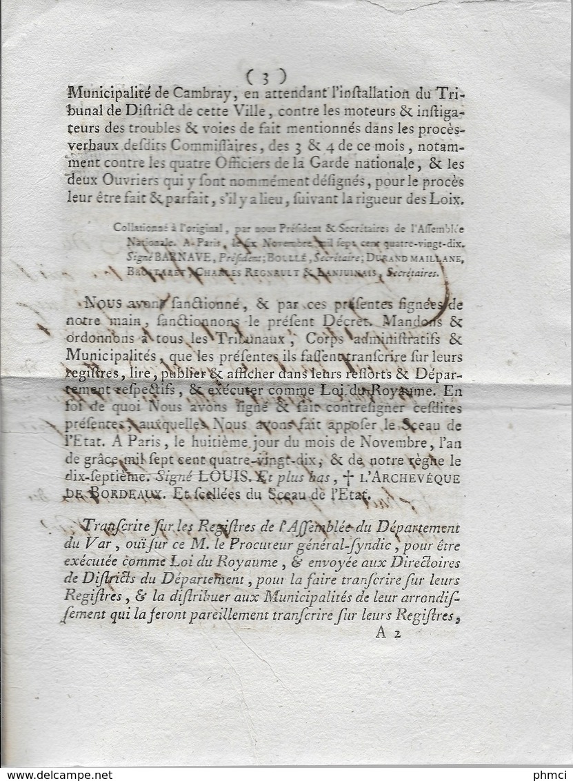 Loi Relative Aux Voies De Fait Opposées Dans La Ville De Cambray Du 8 Novembre 1790 Approuvée Par Le Roi - Décrets & Lois