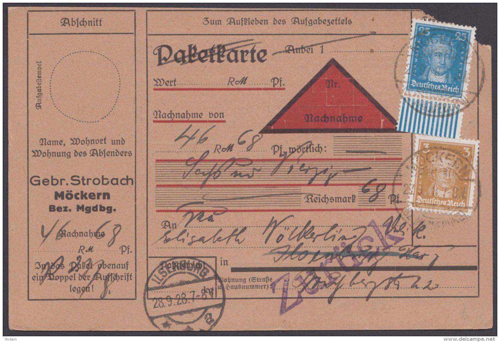 393 W, UR-Stück Mit Zusatzfrankatur Auf NN-Karte "Magdeburg", 27.9.28 - Briefe U. Dokumente
