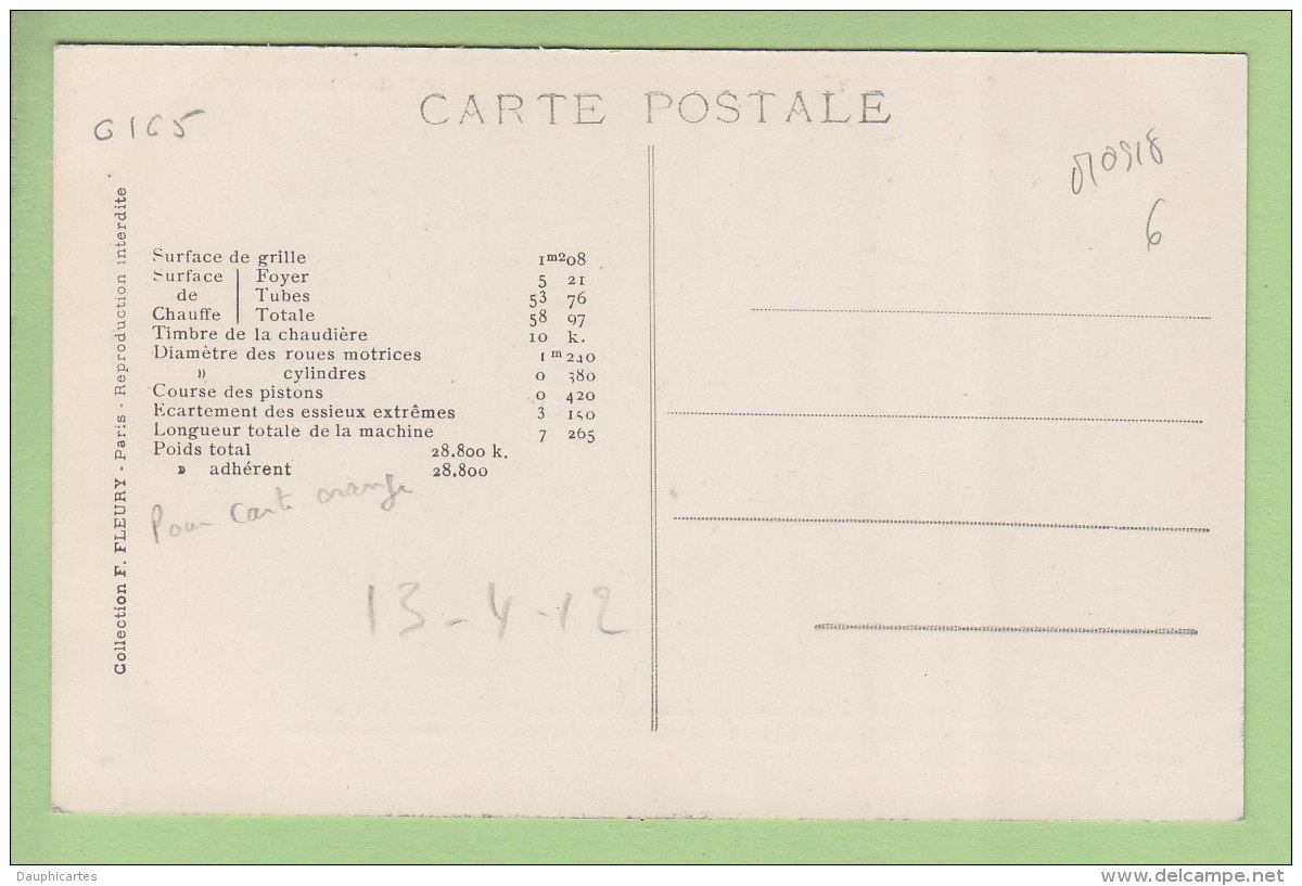 Cie De L'Est : Machine Tender 165 Service Des Gares. TBE. 2 Scans. Locomotives, Edition Fleury - Matériel