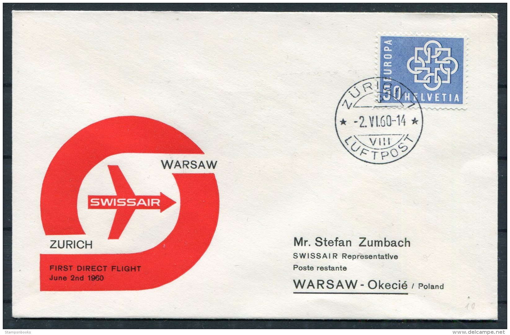 1960 Switzerland Swissair First Flight Cover. Zurich -  Warsaw Poland - First Flight Covers