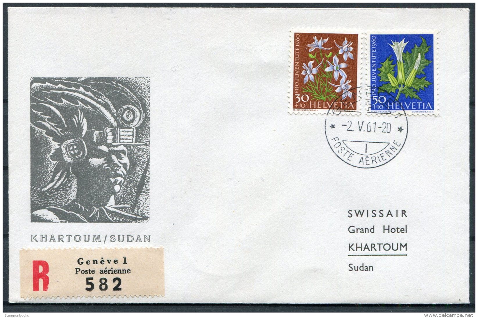 1961 Switzerland Swissair Registered First Flight Cover. Geneva - Khartoum Sudan - First Flight Covers