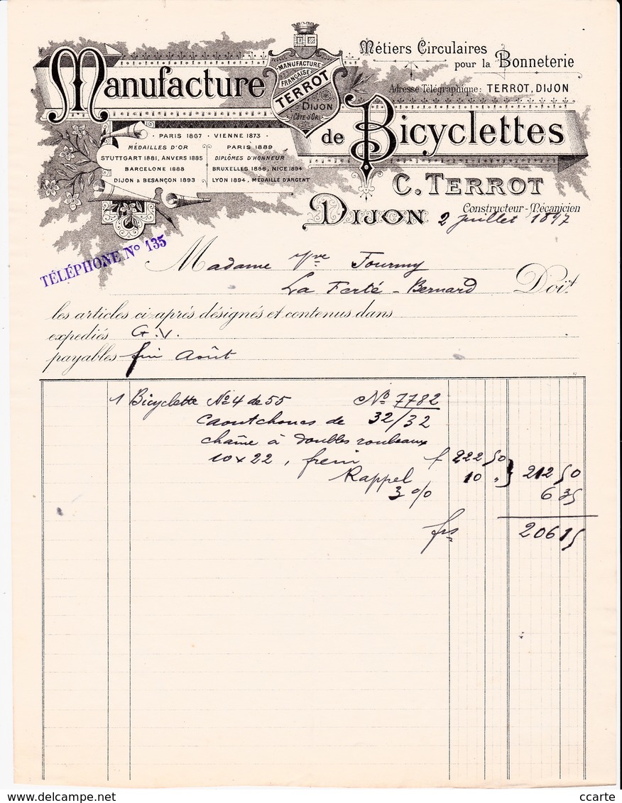 DIJON -21- 2 FACTURES & La TRAITE- Manufacture De Bicyclettes C.Terrot à Dijon -Ref:A7578 à 80 - 1800 – 1899