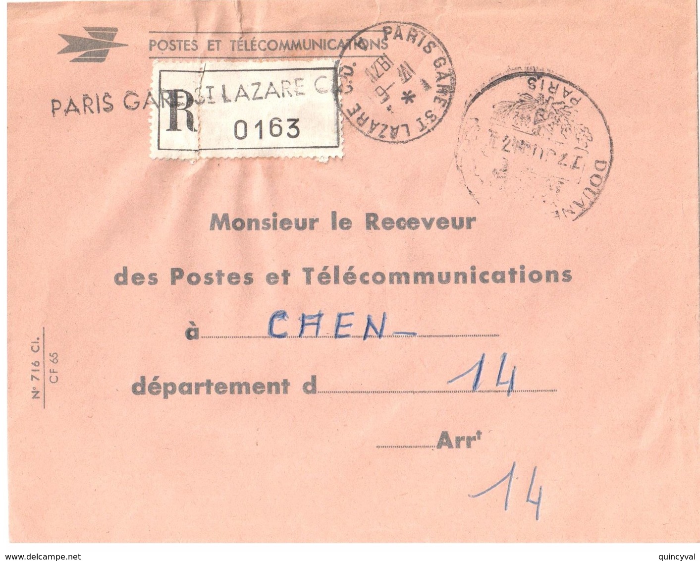 PARIS St LAZARE CD 17 6 1971 Lettre Recommandée En Franchise Dest Receveur Caen Marque Au Tampon DOUANE Paris - Cartas & Documentos