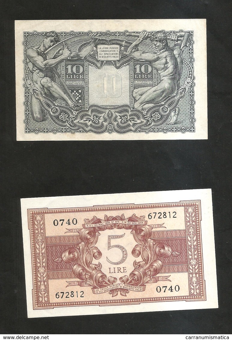 ITALIA - 5 & 10 LIRE  (Decr. 23/11/1944 - Firme: Bolaffi / Simoneschi / Giovinco) - LUOGOTENENZA - Lotto Di 2 Banconote - Italia – 10 Lire