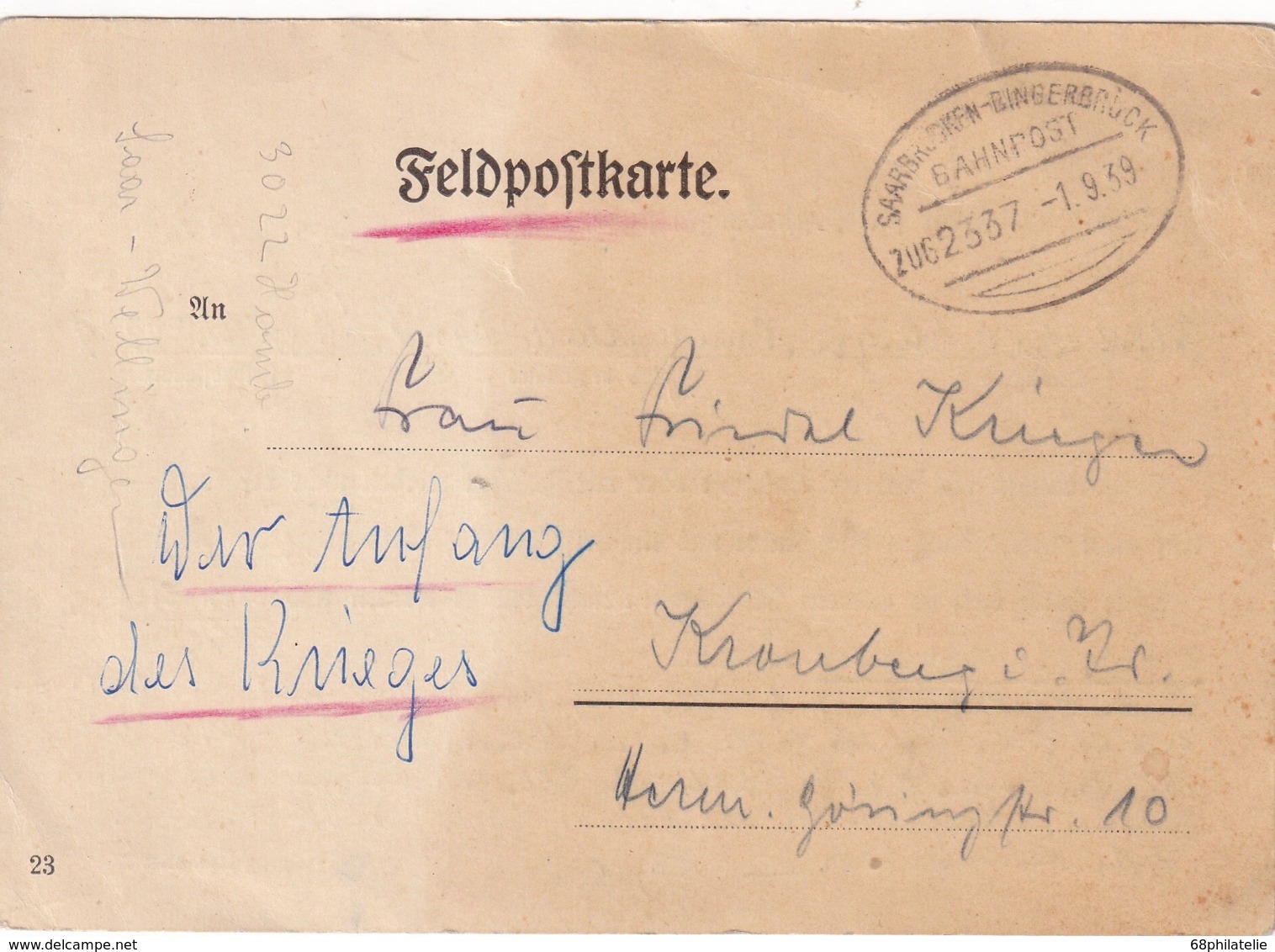 ALLEMAGNE 1939 FELDPOSTKARTE CACHET   FERROVIAIRE SAARBRÜCKE-BINGERBRÜCK - Briefe U. Dokumente