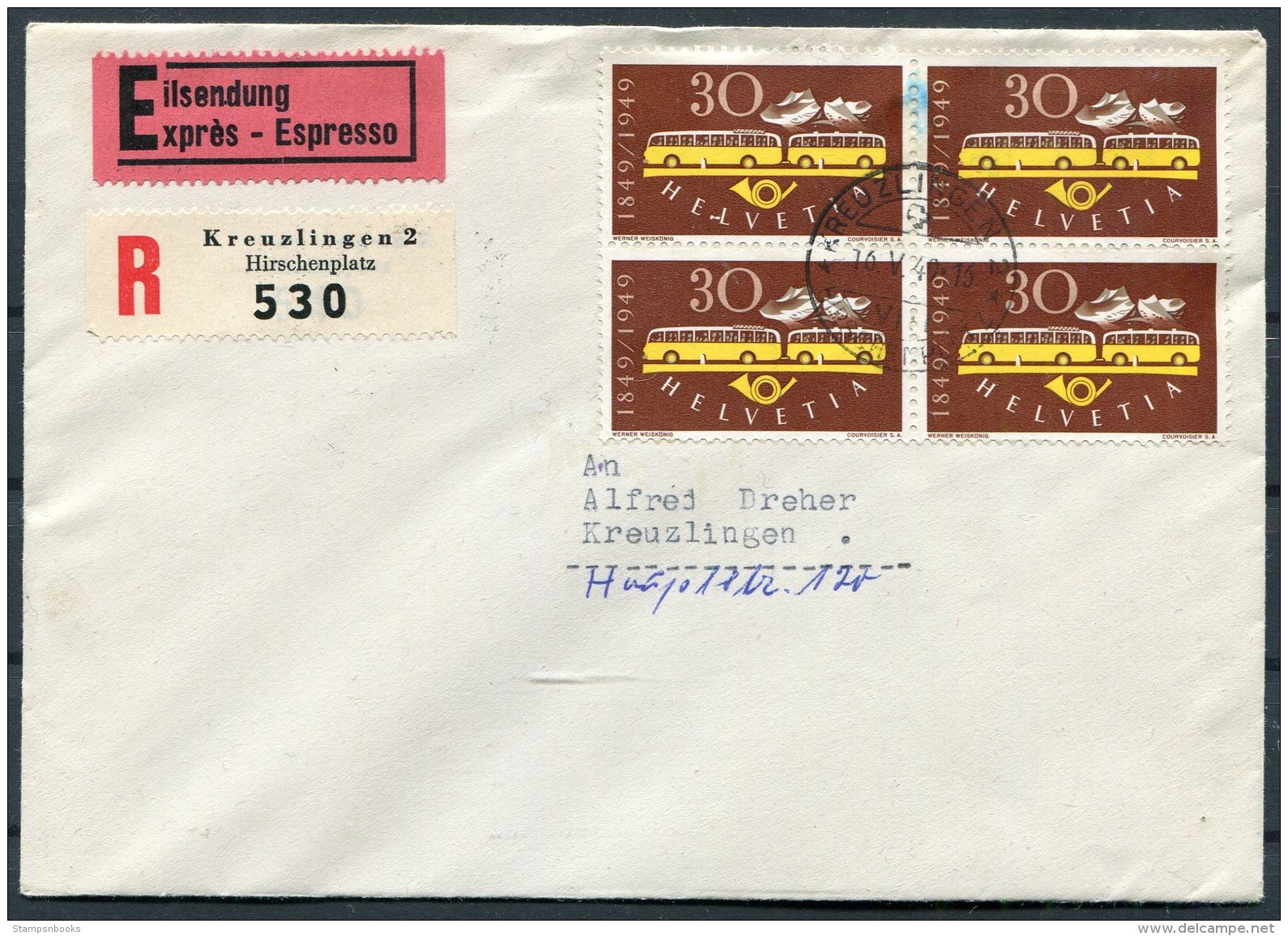 1949 Switzerland UPU First Day Cover. Blocks Of 4 Registered Kreuzlingen FDC - FDC