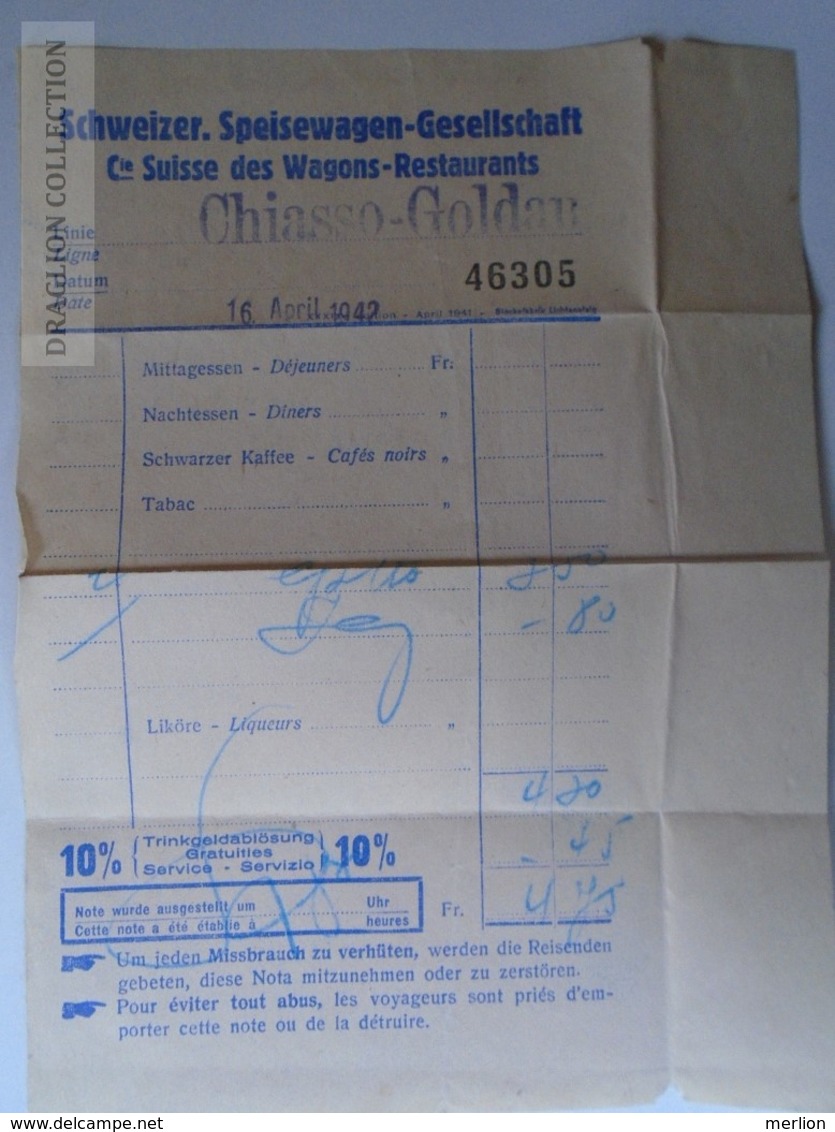 J224.14 Suisse -Railway - Wagon Restaurant -Schweizer Speisewagen - Invoice 1942 - Suiza