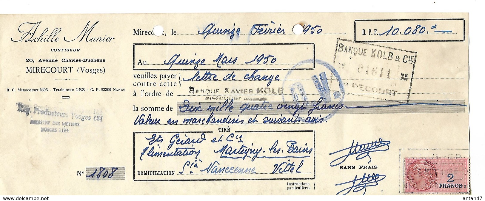 Lettre De Change Traite 1950 / 88 MIRECOURT / Achille MUNIER / Confiseur - 1900 – 1949