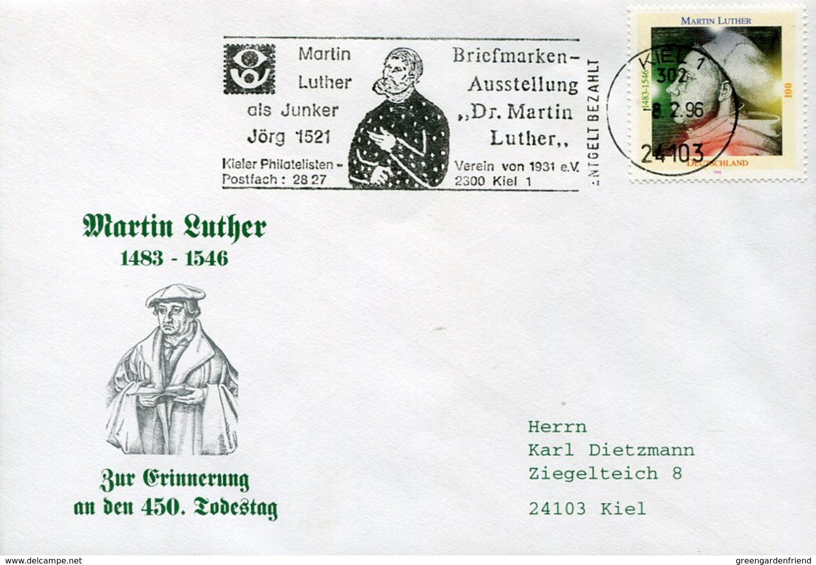 38984 Germany , Special Postmark 1996 Kiel,  Martin Luther - Christendom