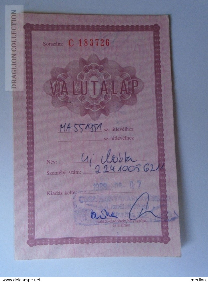 J226.4 Hungary Valuta Lap Foreign Currency Document For Custom - USD  1992 - Cheques & Traveler's Cheques