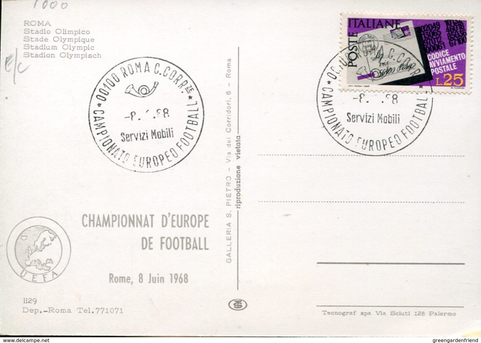 38999 Italia, Special Postmark 1968 Roma,  Football European Champ.  UEFA - Fußball-Europameisterschaft (UEFA)