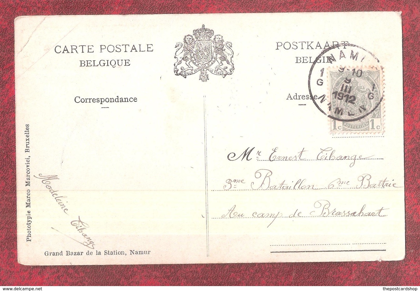 MILITARY INTEREST PRE WWI AMITIES DE NAMUR USED 1912 WITH STAMP CARD SENT TO SOLDIER - Namen