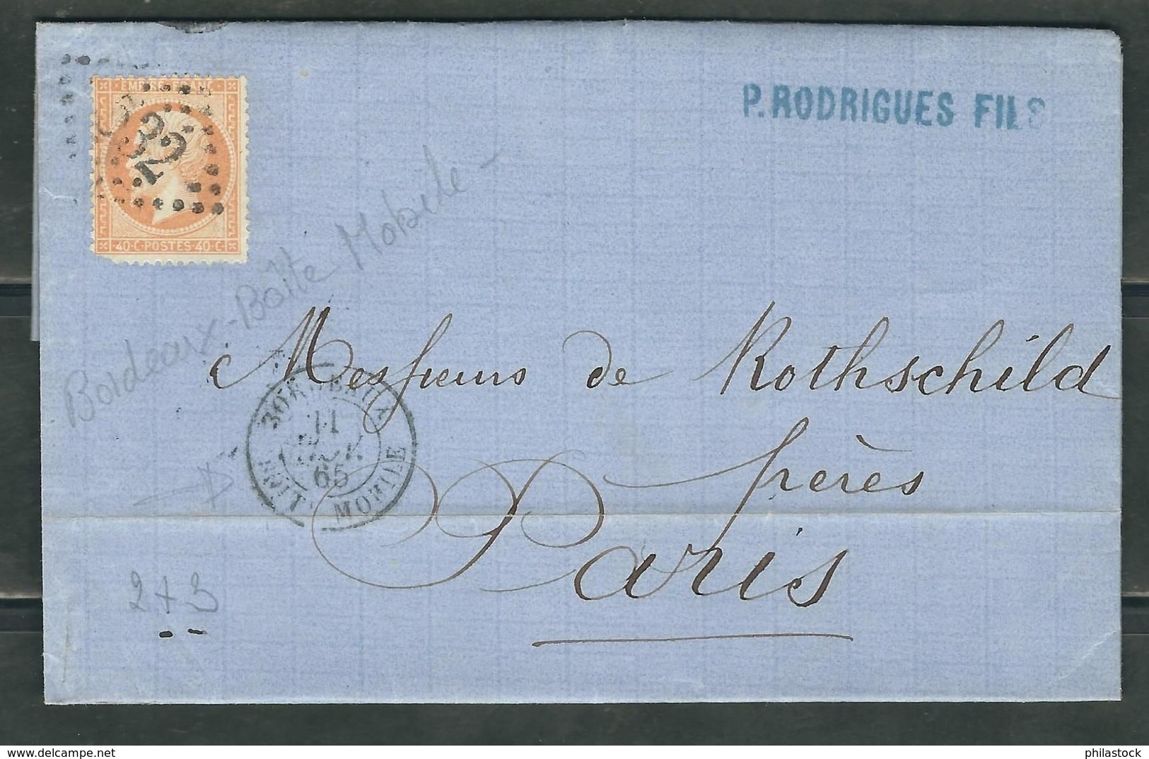 FRANCE 1865 N° 23 S/Lettre Obl. GC532 Bordeaux + C à D Boite Mobile - 1862 Napoleon III