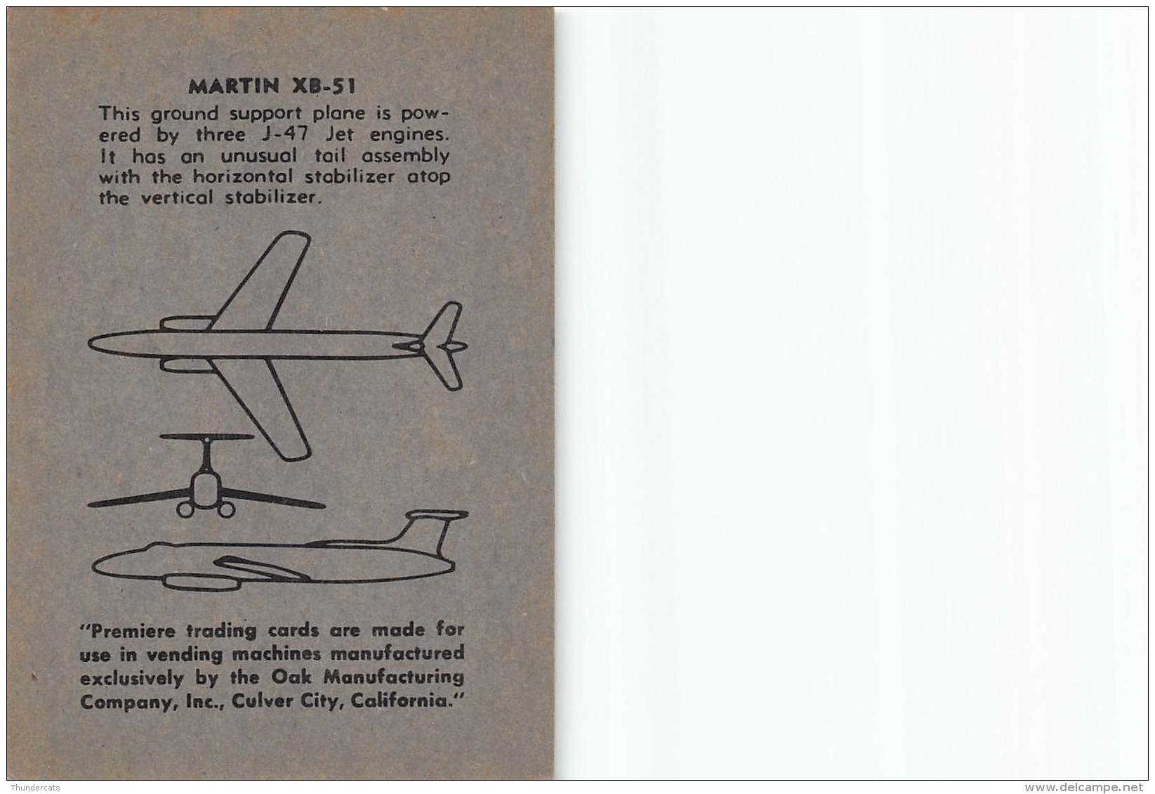 CHROMO TRADING CARD AVIATION AVION AIRPLANE PLANE PREMIERE TRADING CARDS OKAK 1957 MARTIN XB 51 - Vliegtuigen