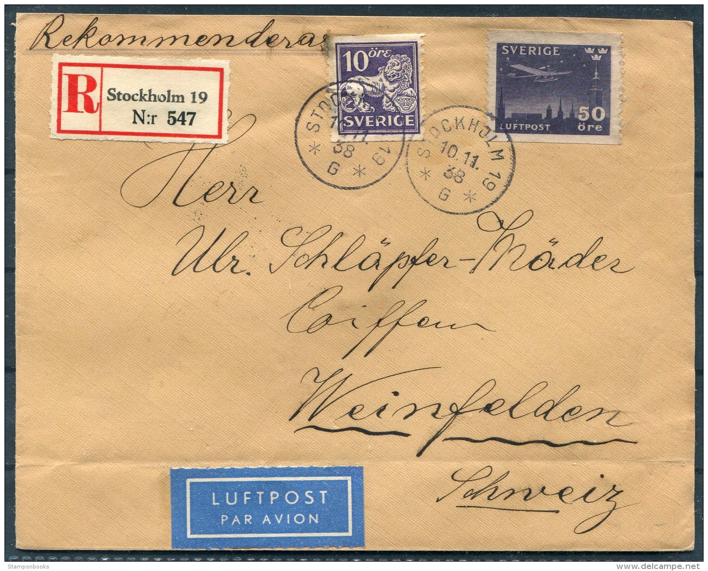 1938 Sweden Registered Stockholm 50 Ore Luftpost Airmail Cover - Weinfelden Switzerland. - Covers & Documents