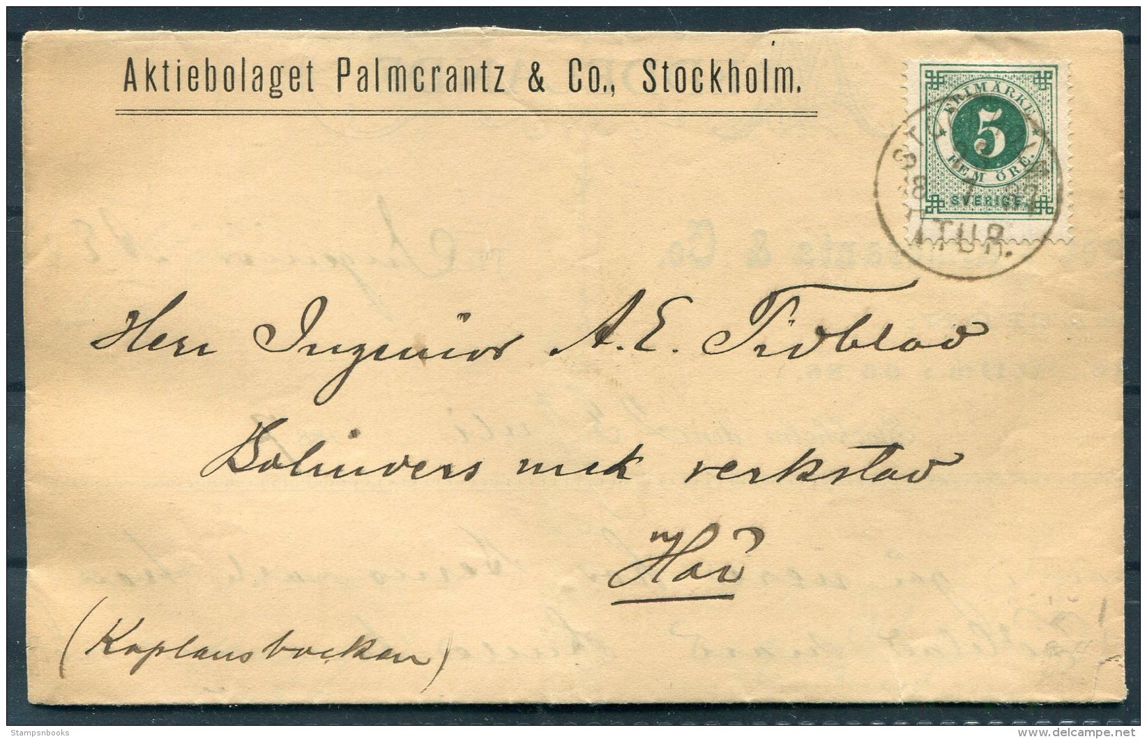 1887 Sweden Palmorrantz &amp; Co. Aktiebolaget Stockholm Folding Letter 5ore Ring Type Cover - Covers & Documents