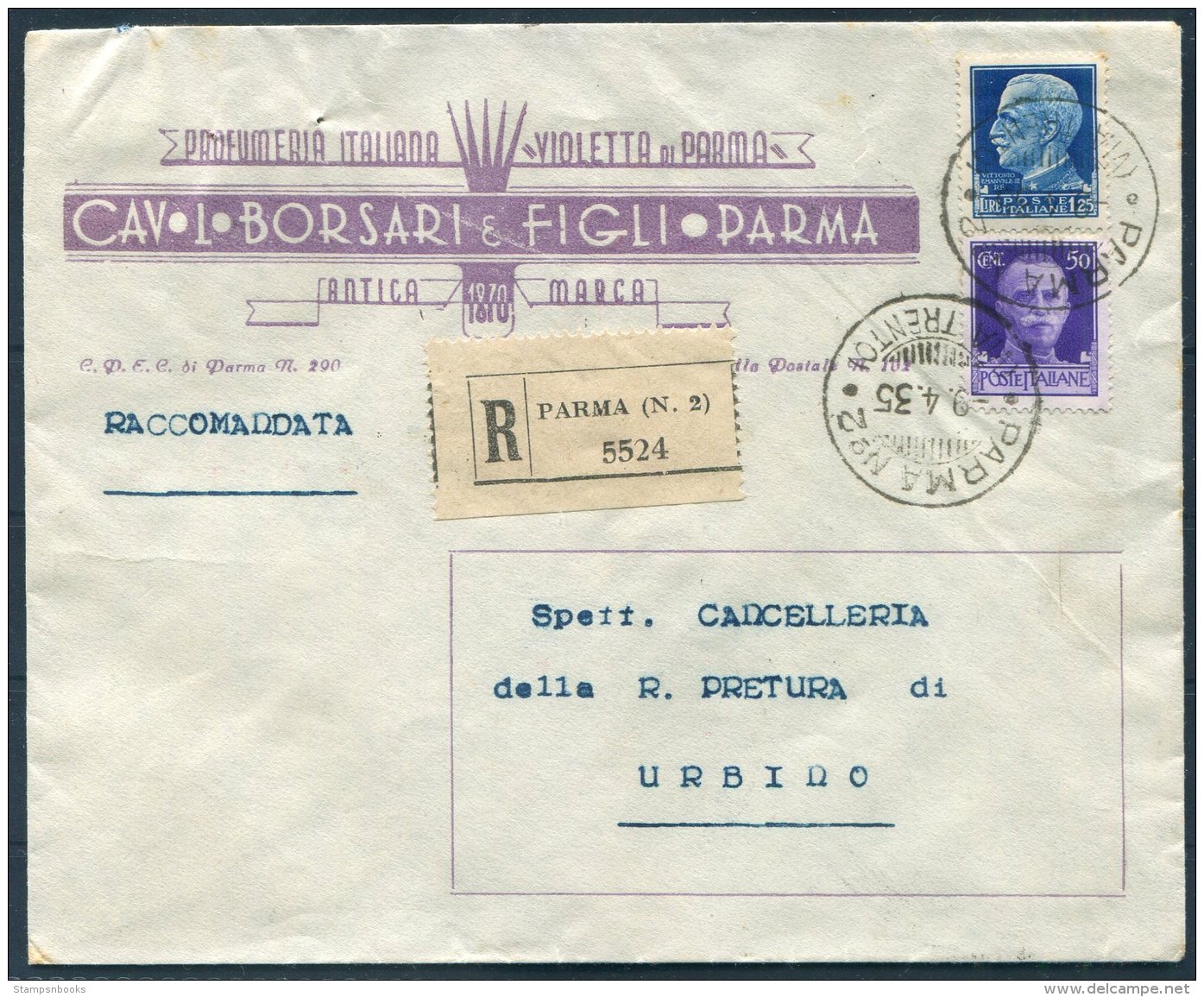 1935 Italy Registered Illustrated Perfume  Merchant Cover, Parma - Urbino - Marcophilia