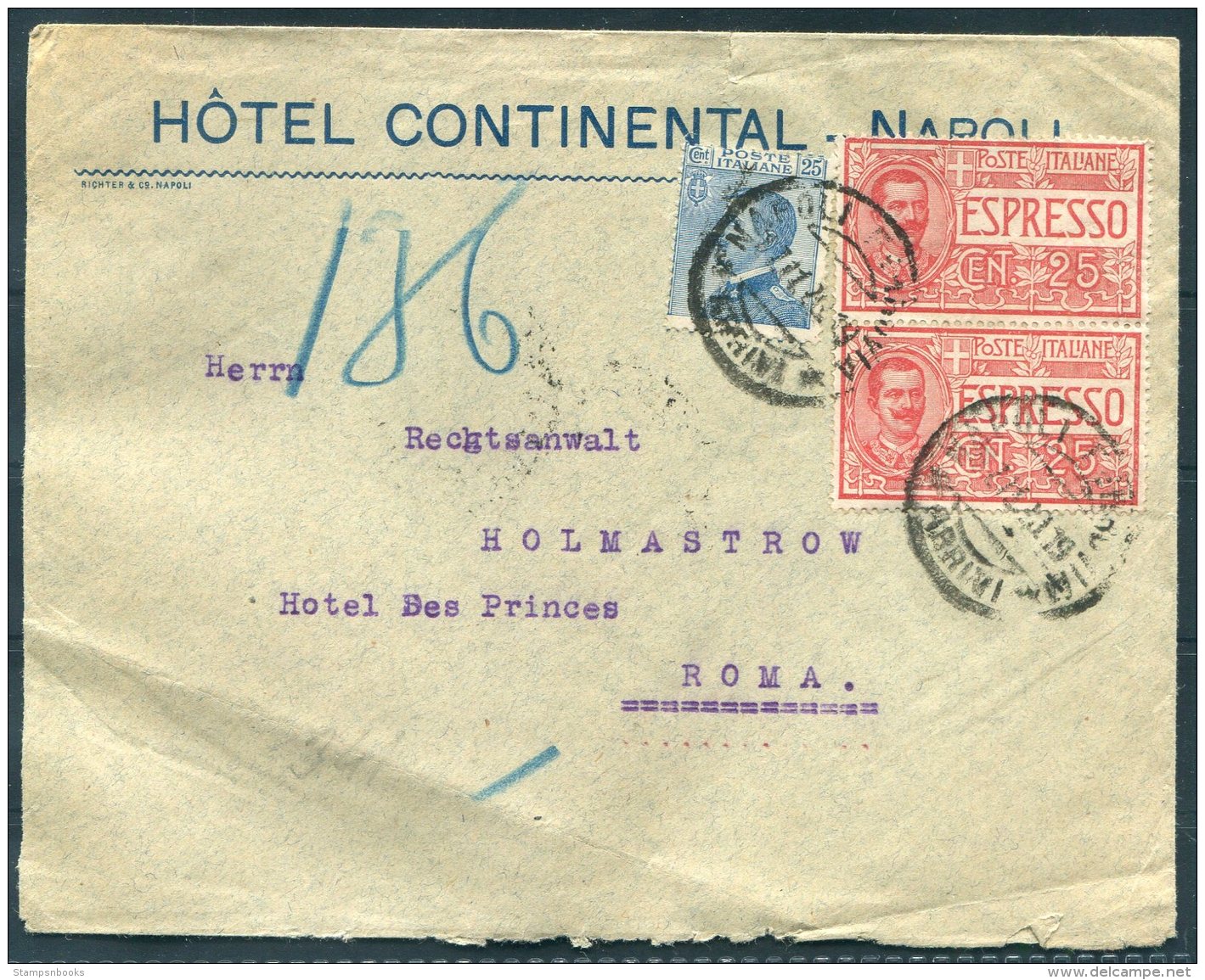 1920 Italy Hotel Continental Napoli Express Espresso Cover - Hotel Bes Princes, Roma - Poststempel