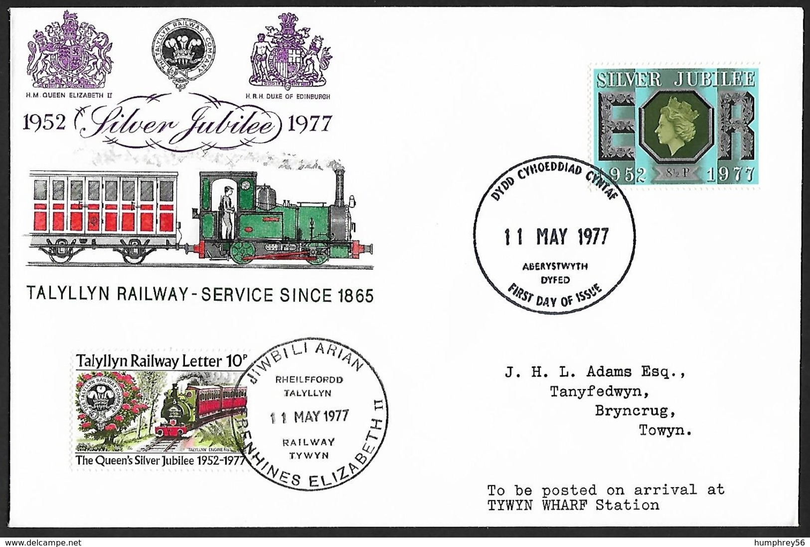1977 - GREAT BRITAIN - Cover Talyllyn Railway [FDC] + Railway+SG 1033 [Elizabeth II] + DYDD CYHOEDDIAD CYNTAF - Railway & Parcel Post