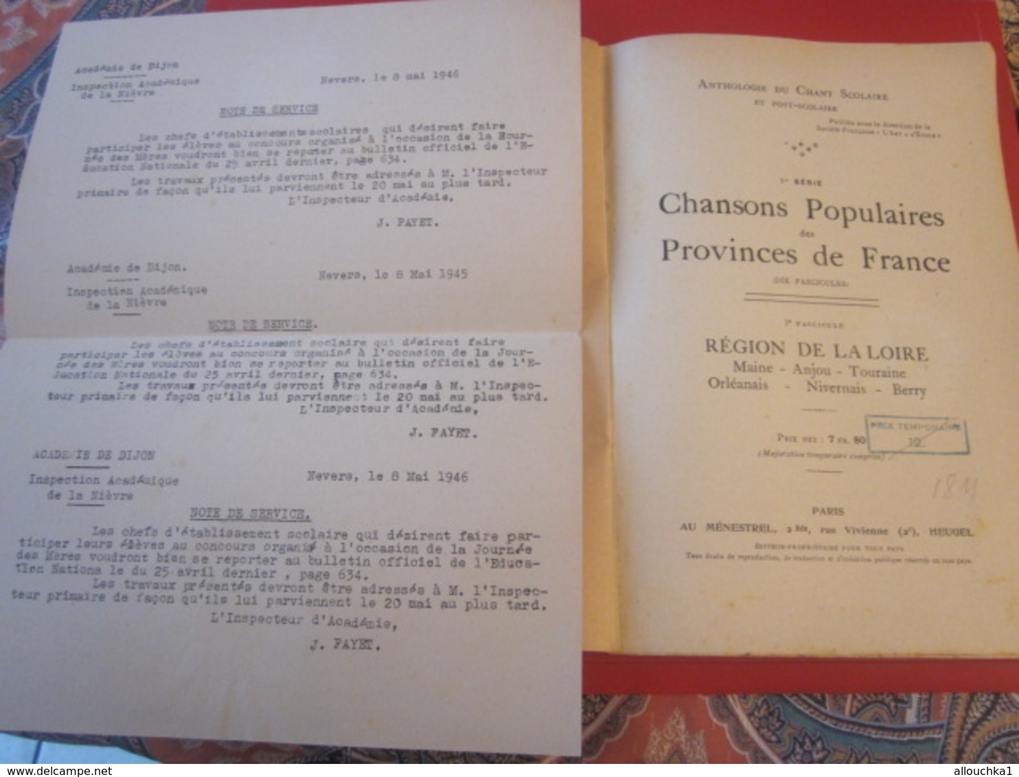 1946 ANTHOLOGIE CHANT SCOLAIRE CHANSONS POPULAIRES FRANCE RÉGION LOIRE BERRY-TOURAINE-ANJOU-MAINE-NIVE Musique-Partition - Song Books