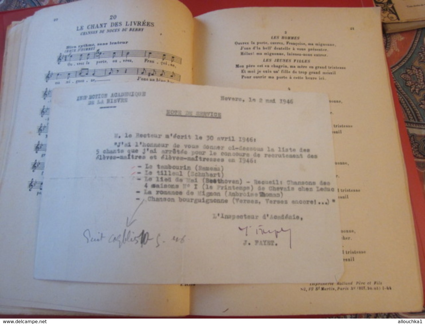 1946 ANTHOLOGIE CHANT SCOLAIRE CHANSONS POPULAIRES FRANCE RÉGION LOIRE BERRY-TOURAINE-ANJOU-MAINE-NIVE Musique-Partition