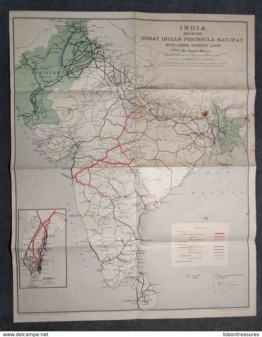 ANTIQUE INDIA MAP " GREAT INDIAN PENINSULA RAILWAY WITH OTHER LINES / STATIONS " WITH PERSONAL NOTES - Altri & Non Classificati