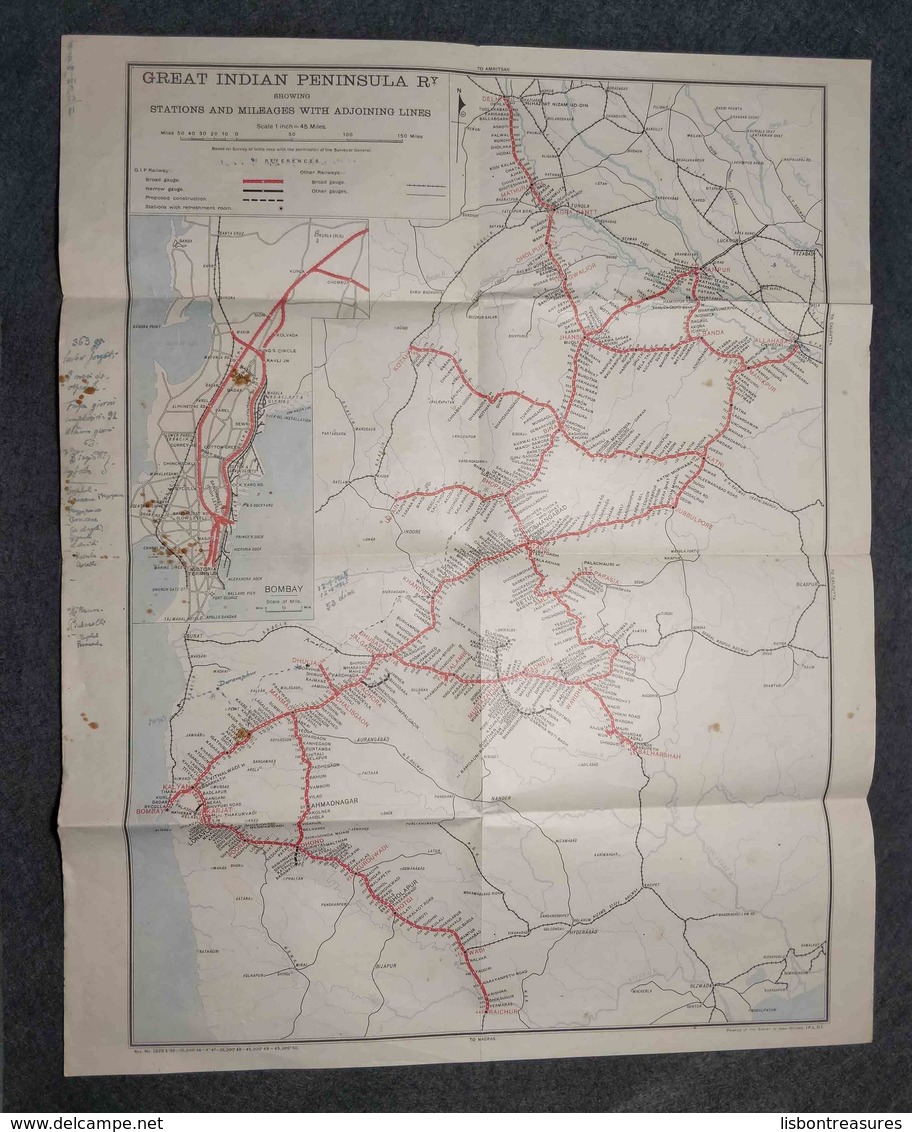 ANTIQUE INDIA MAP " GREAT INDIAN PENINSULA RAILWAY WITH OTHER LINES / STATIONS " WITH PERSONAL NOTES