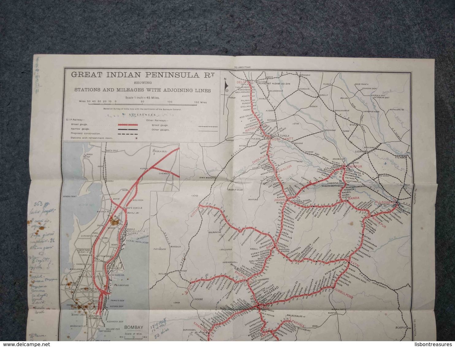 ANTIQUE INDIA MAP " GREAT INDIAN PENINSULA RAILWAY WITH OTHER LINES / STATIONS " WITH PERSONAL NOTES