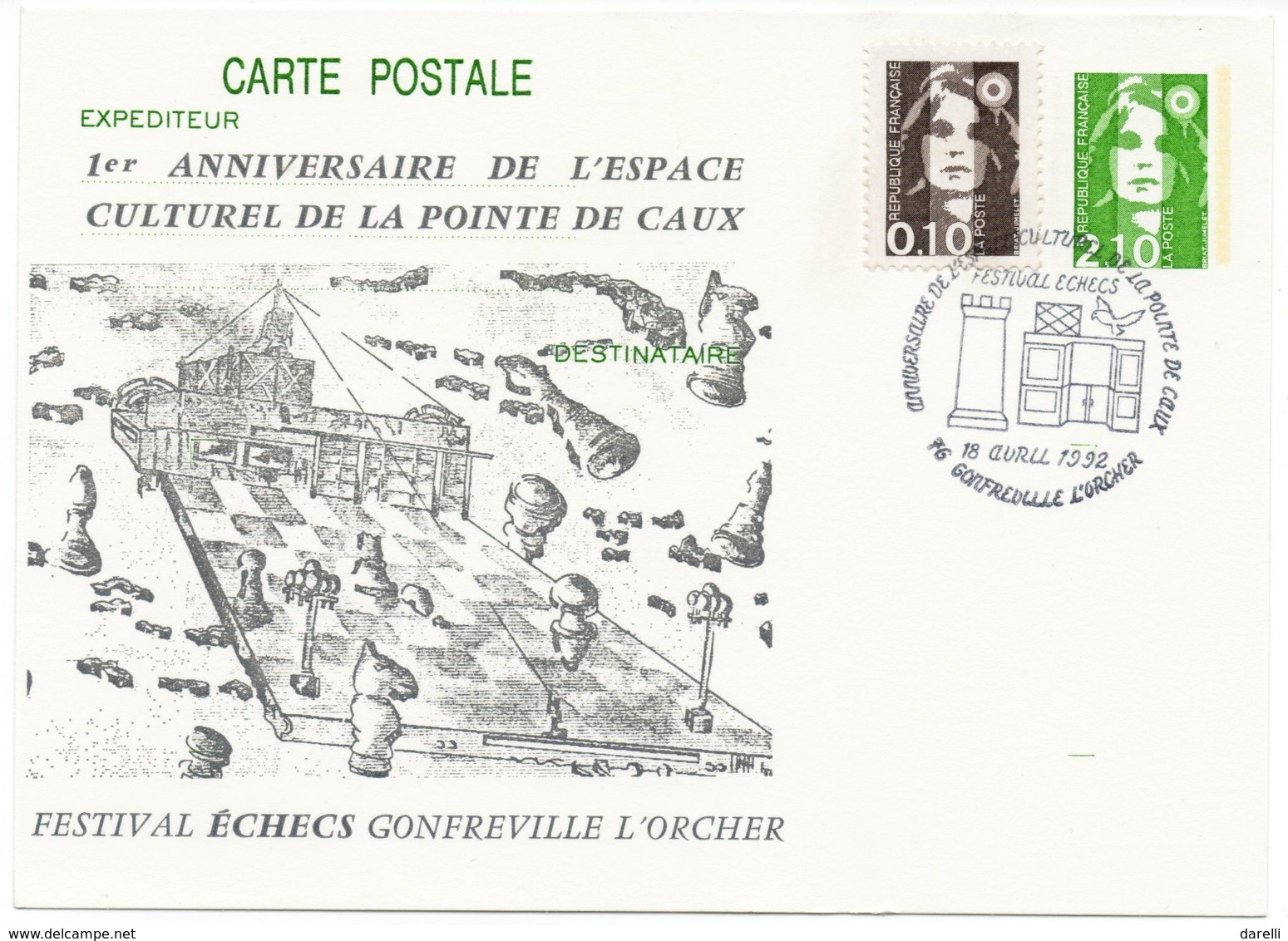 CP Entier Postal 1992 : Festival Echecs 76 Gonfreville L'orcher(réf A0814) - Cartes Postales Repiquages (avant 1995)