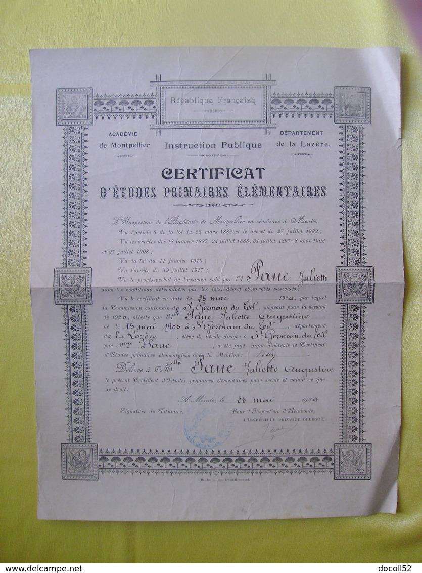 Lozère Saint Germain Du Teil 28 Mai 1920 Certificat D'études Primaires élémentaires Pauc Juliette - Diplômes & Bulletins Scolaires