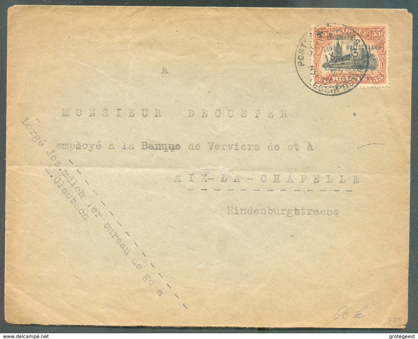 OC 35 Centimes Surch. ALLEMAGNE DUITSCHLAND Obl. Sc POSTES MILITAIRES BELGIQUE 3 Sur Lettre Du 15-IV-1923 Vers Aix-la-Ch - OC38/54 Belgische Besetzung In Deutschland