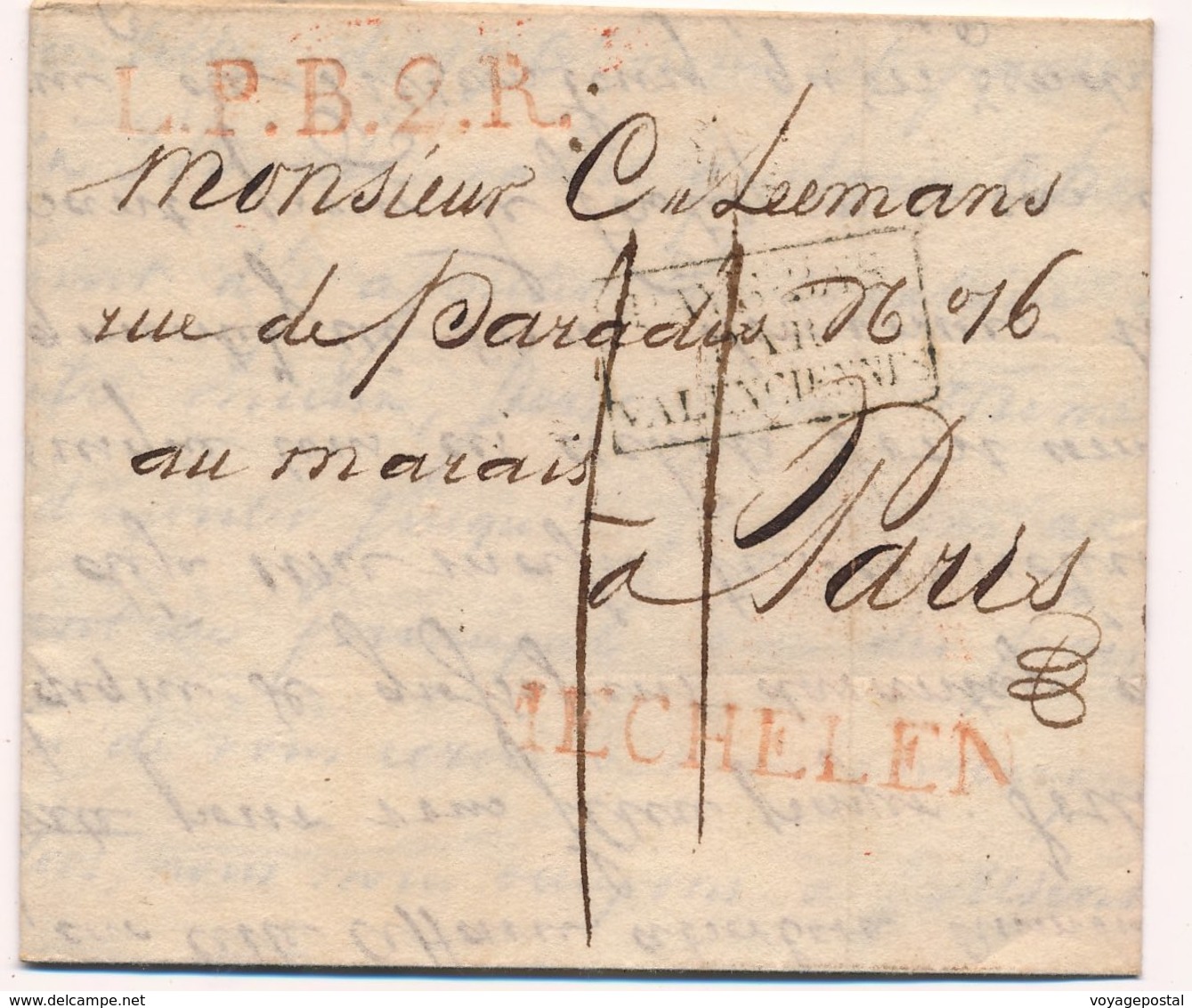 Lettre Mechelen L.P.B.2.R Taxe 11 Paris 1821 - 1815-1830 (Période Hollandaise)