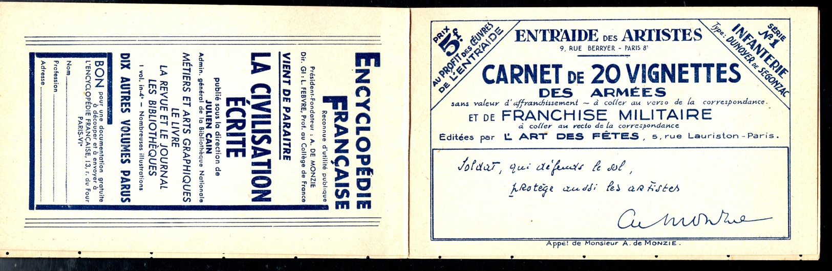 RARE Carnet Complet De 20 Vignettes** Des Armées, FM Franchise  Militaire Infanterie Militaria 1940 - Autres & Non Classés