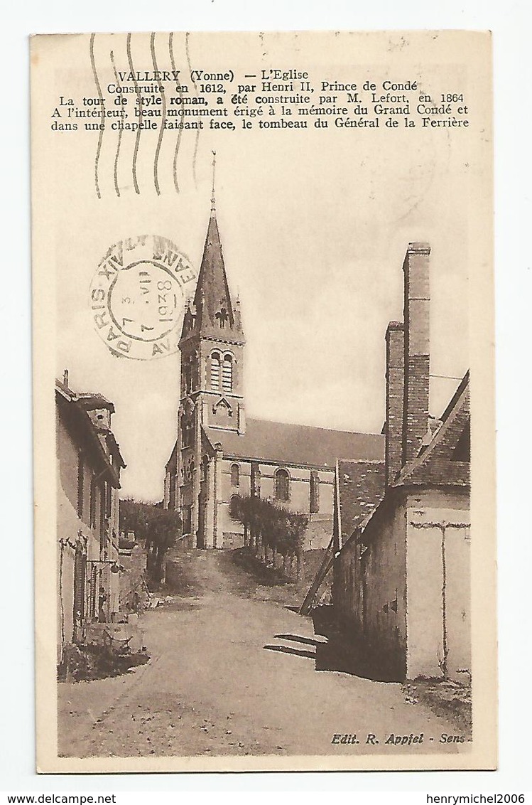 89 Yonne Vallery L'église Cachet Cheny 1938 - Autres & Non Classés