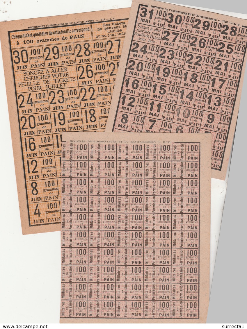 Lot N° 1 / Ensemble De 3 Planches Différentes De Tickets De Rationnement Non Utilisées / Ministère Ravitaillement - 1914-18