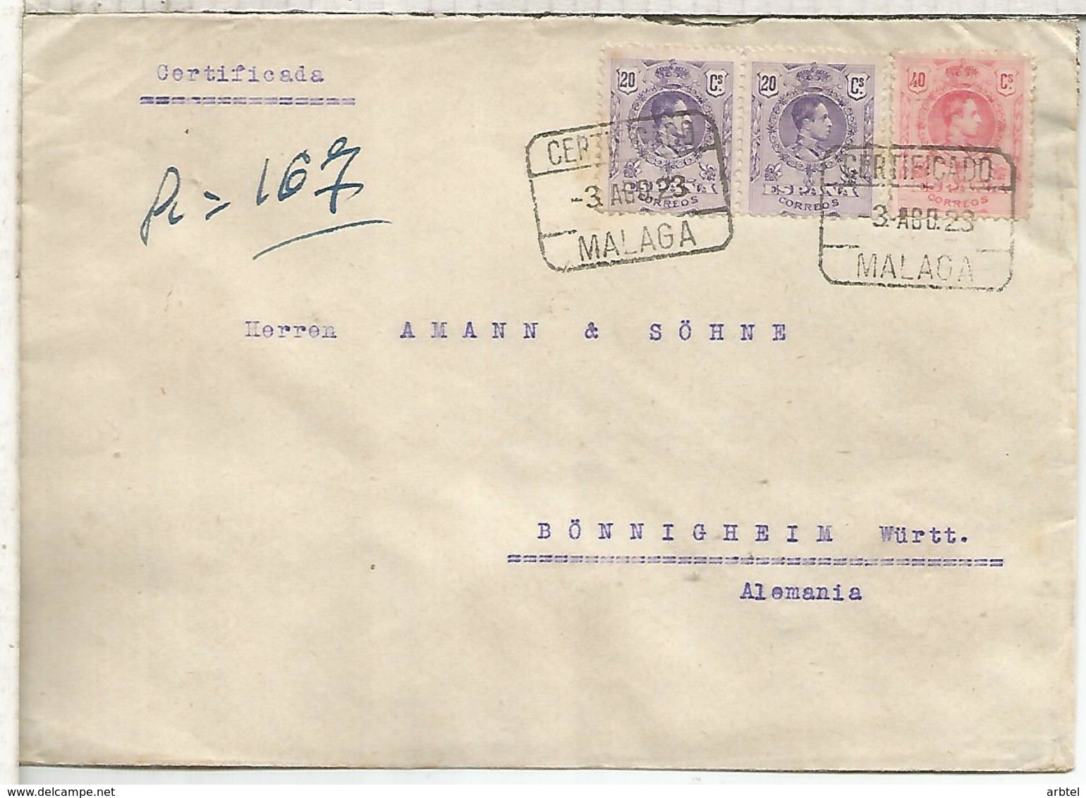 MALAGA 1923 CC CERTIFICADA A ALEMANIA SELLOS MEDALLON - Cartas & Documentos