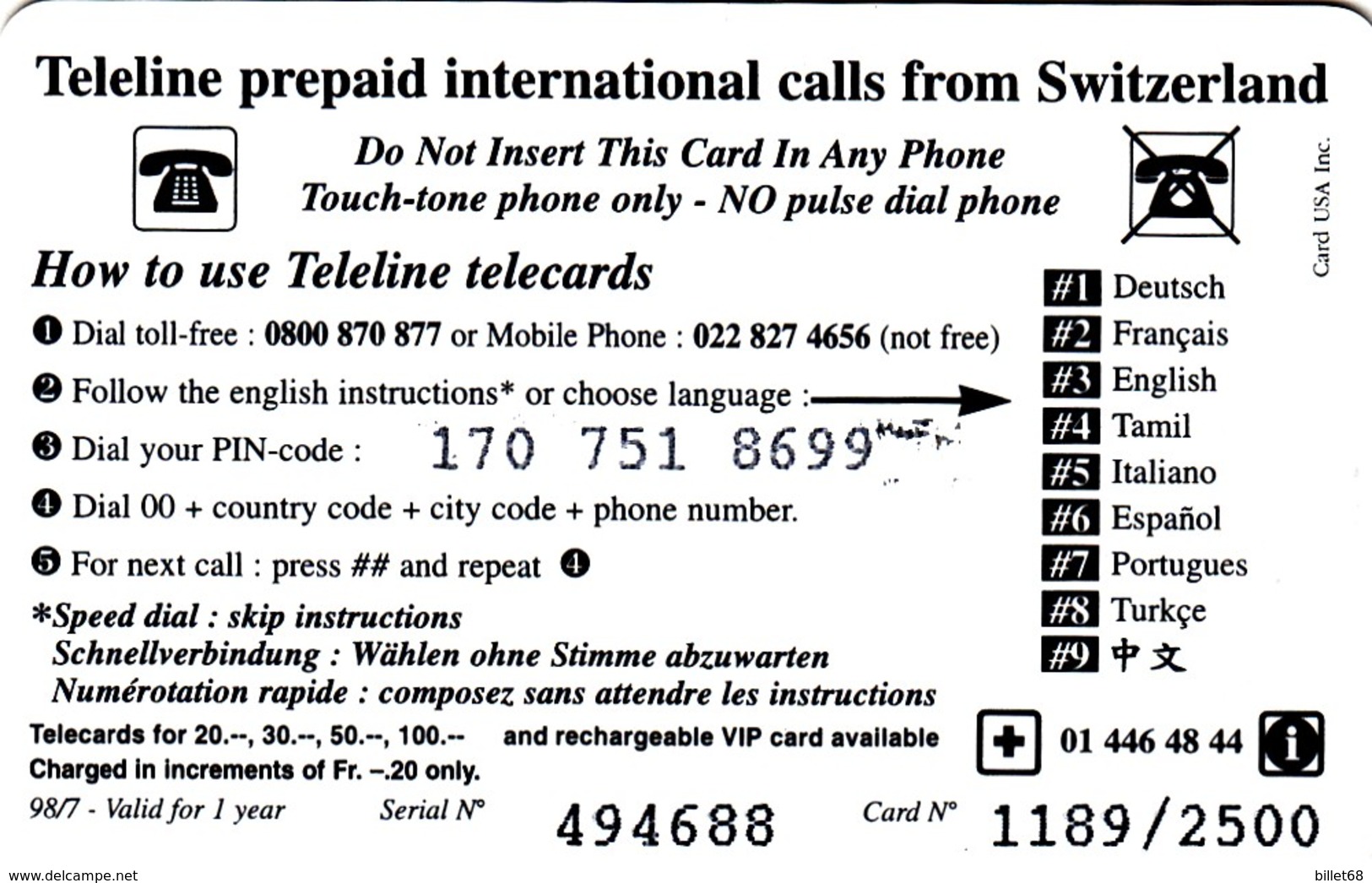 Telecarte SUISSE TELELINE -  POISSON - Fish