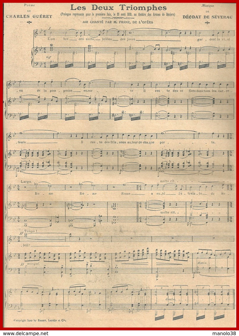 Les Deux Triomphes. Poème De Charles Guéret. Air Chanté Par M. Franz. Musique De D. De Sévirac. 1910 - Partituras