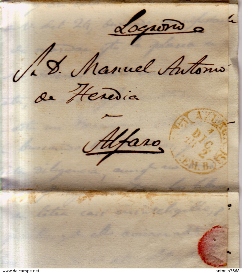 Prefilatelia Año 1852 Carta  Azuaga A Alfaro   Marcas   Amarilla Azuaga Extremadura Baja RARA - ...-1850 Préphilatélie