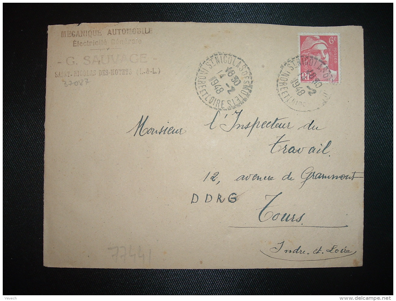 LETTRE TP M. DE GANDON 6F OBL. Tiretée 14-2 1948 ST NICOLAS DES MOTETS INDRE ET LOIRE(37)G. SAUVAGE MECANIQUE AUTOMOBILE - Cachets Manuels