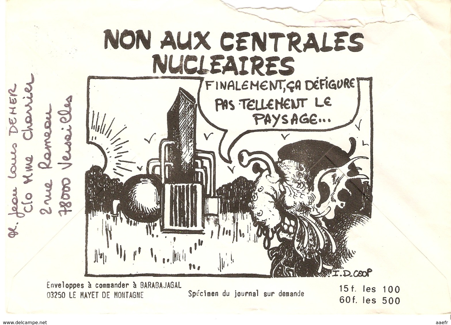 France 1977 - Flamme Versailles Sur Enveloppe Propagande Anti-nucléaire - Malville - Ecologie - Barabajagal - Lettres & Documents