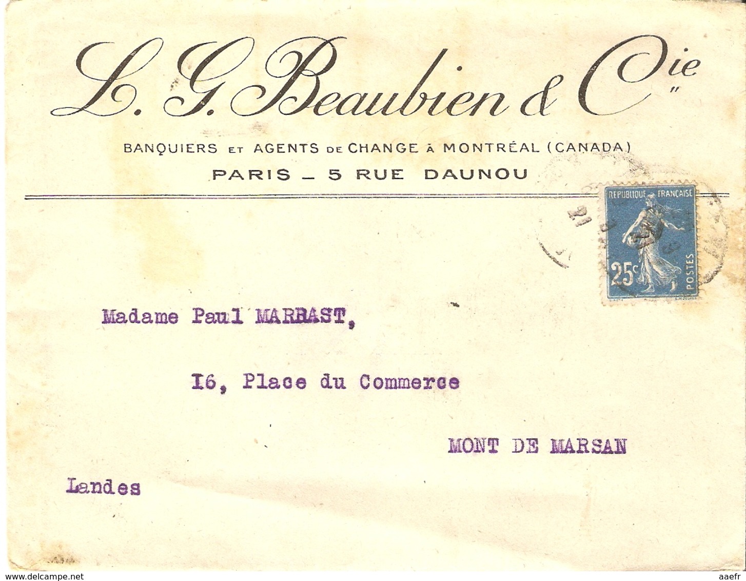 France 1921 - Semeuse 140 Seul S/ Enveloppe à En-tête Commerciale Beaubien (Banque Montréal) - De Paris à Mont De Marsan - Lettres & Documents