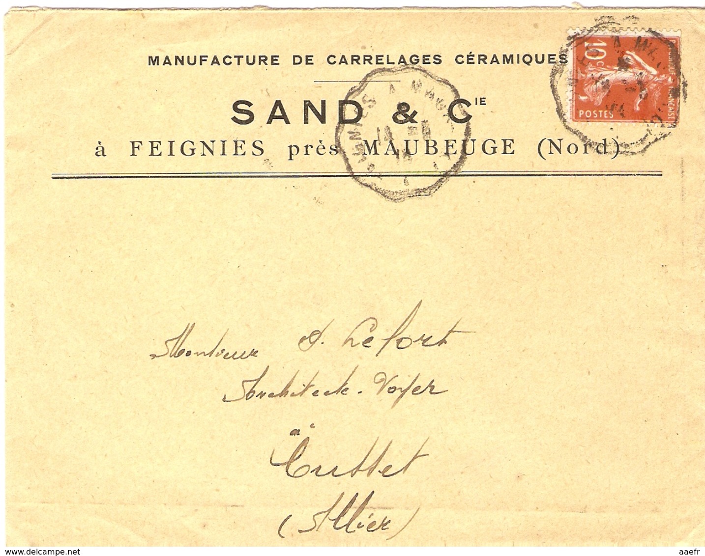 France 1914 - Enveloppe Commerciale à En-tête Sand/Carrelages - De Feignies(Nord) à Cusset (Allier) - Semeuse 135 - Lettres & Documents